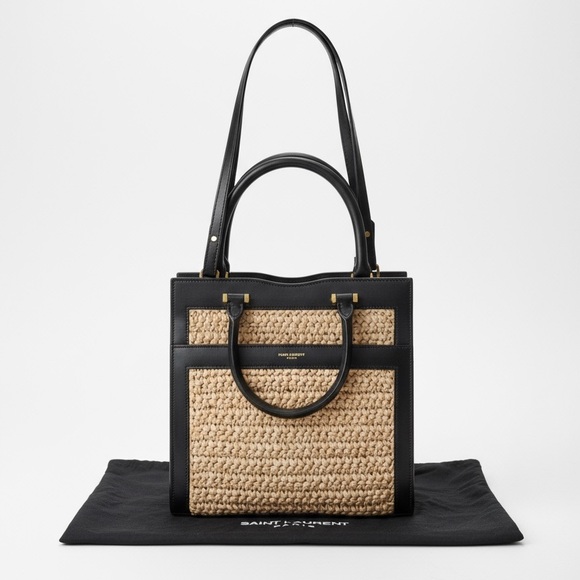 SAINT LAURENT woven raffia  and black calfskin leather handbag NWOT - Picture 4 of 10